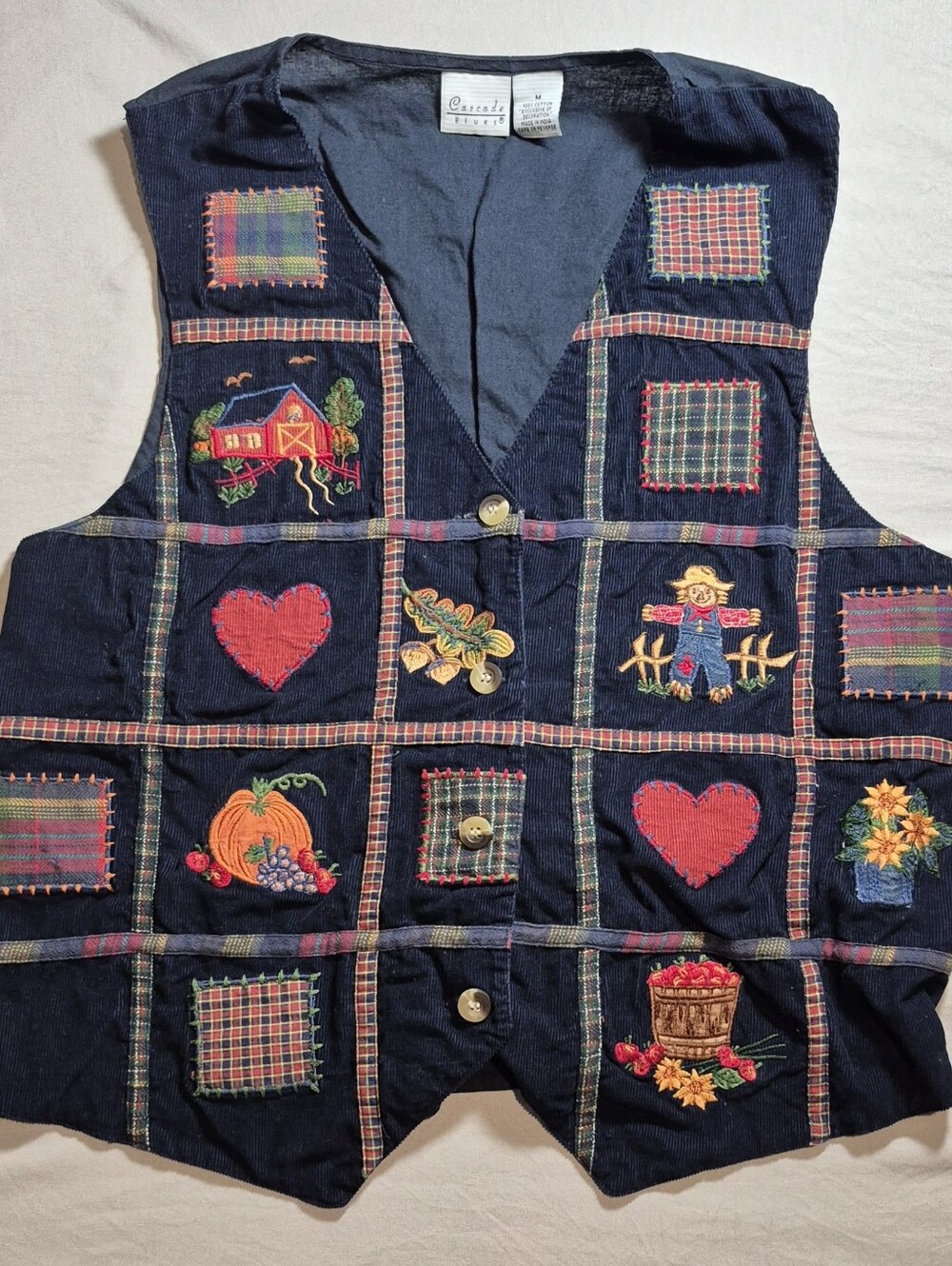 Vintage Cascade Blues Patchwork Embroidered Harvest Fall Vest Size Medium